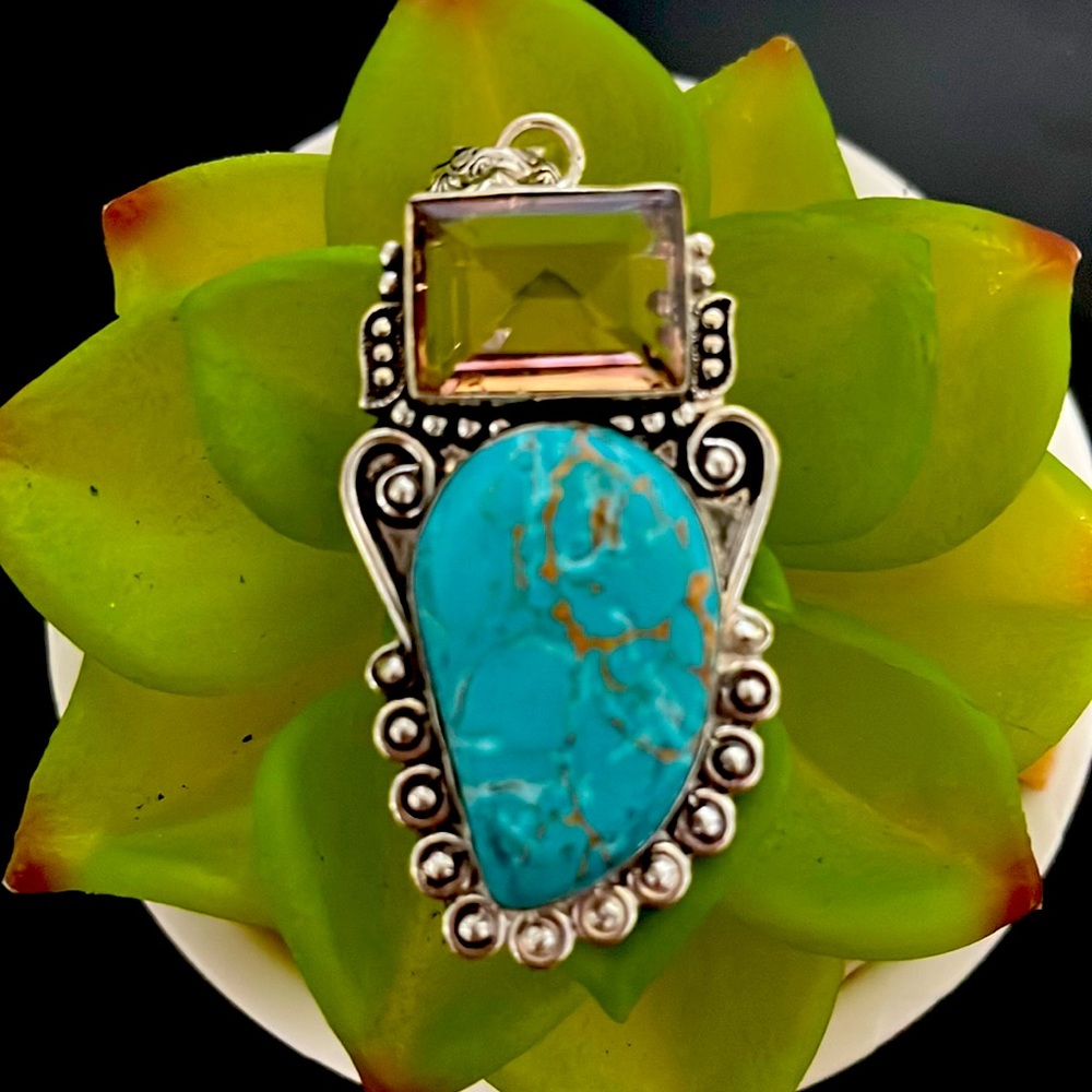 Copper Blue Turquoise, Morganite 925 Sterling Silver Jewelry Pendant